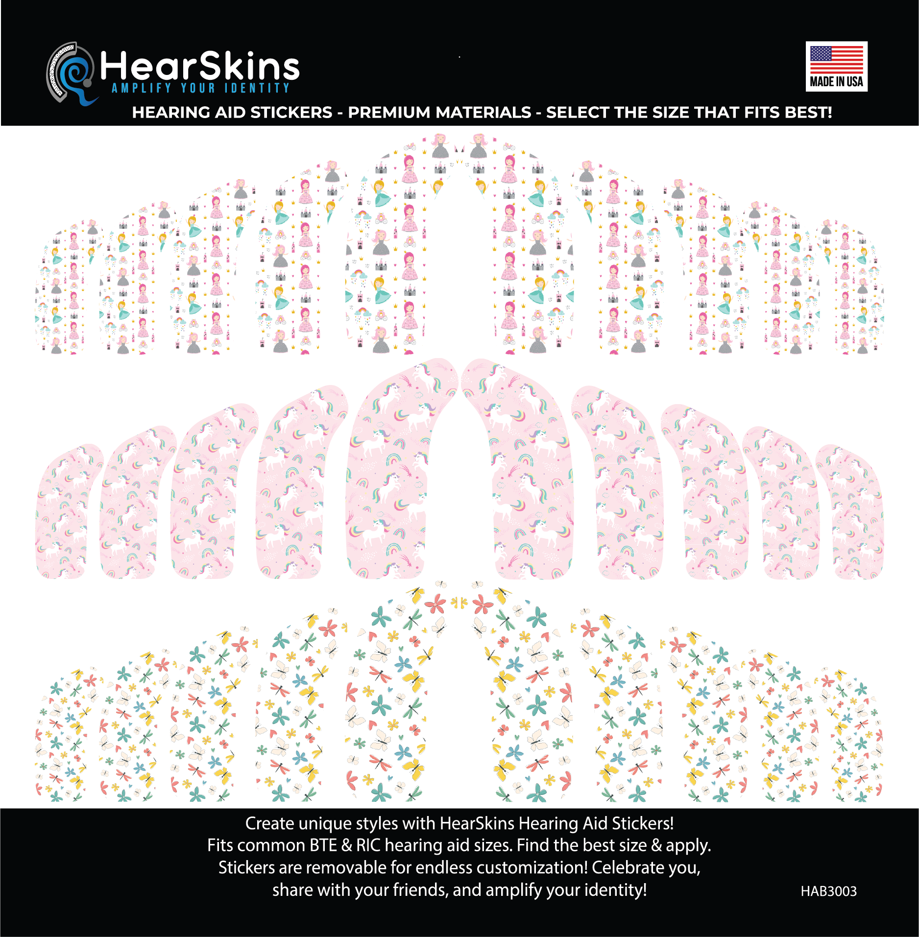 Deafmetal USA features HearSkins Hearoes brand hearing aid and cochlear implant stickers and skins to decorate hearing devices HearSkins "Let's Have a Party" Hearing Aid Skins/Bundles