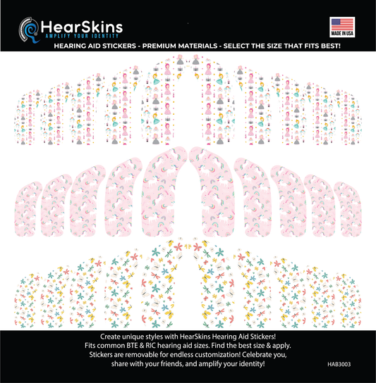 Deafmetal USA features HearSkins Hearoes brand hearing aid and cochlear implant stickers and skins to decorate hearing devices HearSkins "Let's Have a Party" Hearing Aid Skins/Bundles