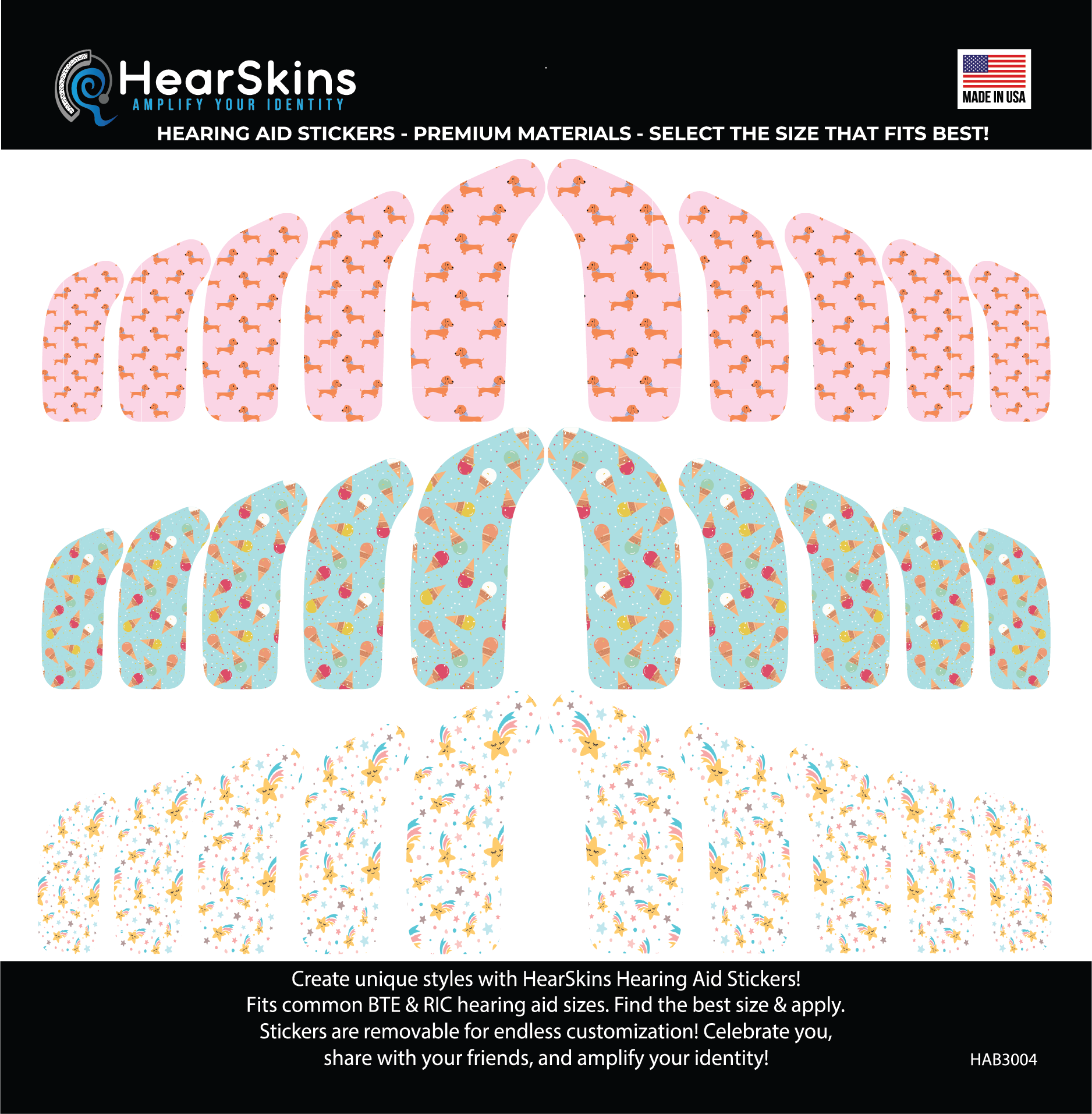 Deafmetal USA features HearSkins Hearoes brand hearing aid and cochlear implant stickers and skins to decorate hearing devices HearSkins "Something Sweet" Bundle Hearing Aid Skins/Stickers