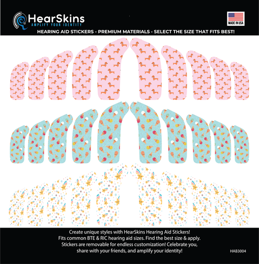 Deafmetal USA features HearSkins Hearoes brand hearing aid and cochlear implant stickers and skins to decorate hearing devices HearSkins "Something Sweet" Bundle Hearing Aid Skins/Stickers