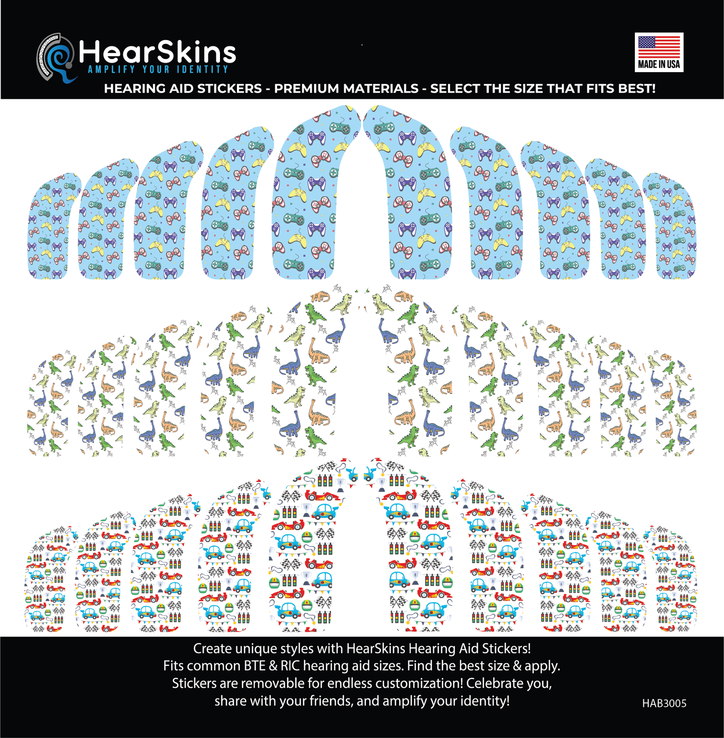 Deafmetal USA features HearSkins Hearoes brand hearing aid and cochlear implant stickers and skins to decorate hearing devices HearSkins "Dinos/Cars/Gametime" Bundle Hearing Aid Skins/Stickers