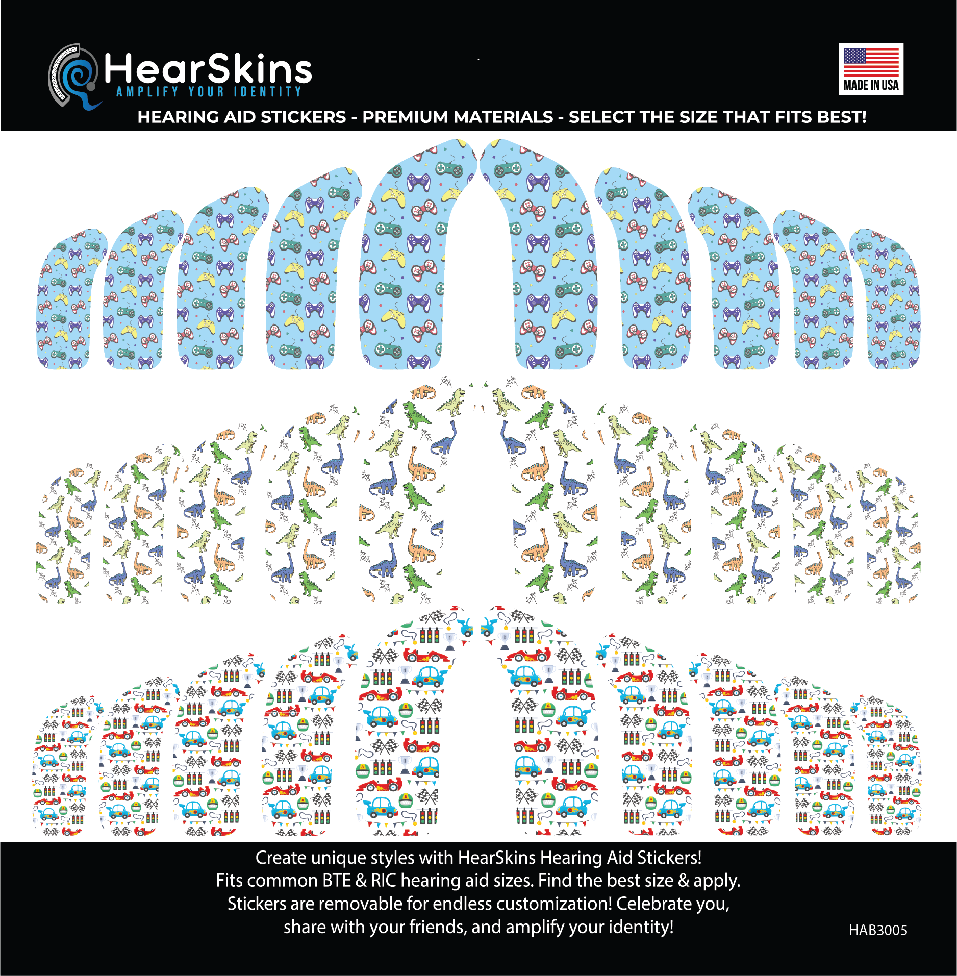 Deafmetal USA features HearSkins Hearoes brand hearing aid and cochlear implant stickers and skins to decorate hearing devices HearSkins "Dinos/Cars/Gametime" Bundle Hearing Aid Skins/Stickers