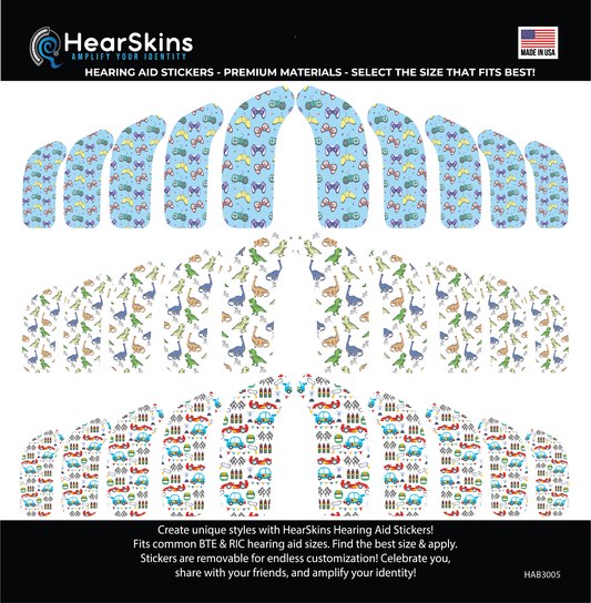 HearSkins "Dinos/Cars/Gametime" Bundle Hearing Aid Skins/Stickers