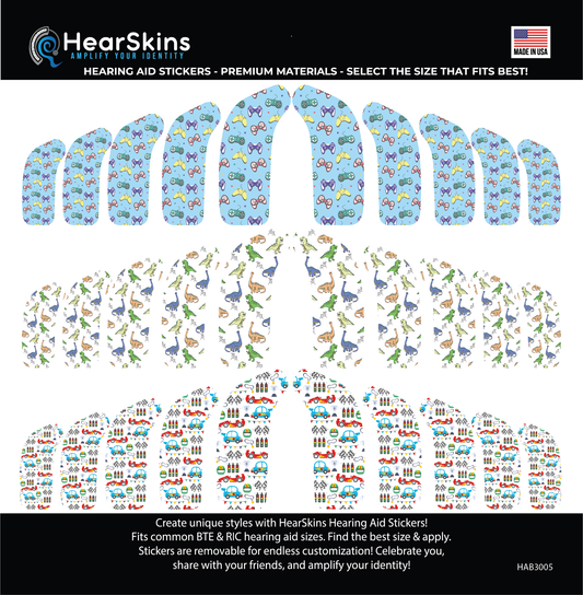 Deafmetal USA features HearSkins Hearoes brand hearing aid and cochlear implant stickers and skins to decorate hearing devices HearSkins "Dinos/Cars/Gametime" Bundle Hearing Aid Skins/Stickers
