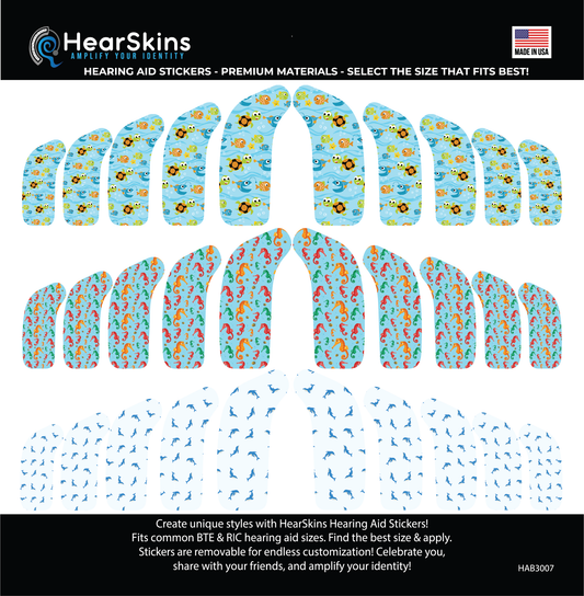 Deafmetal USA features HearSkins Hearoes brand hearing aid and cochlear implant stickers and skins to decorate hearing devices HearSkins "Ocean Time" Bundle Hearing Aid Skins/Stickers