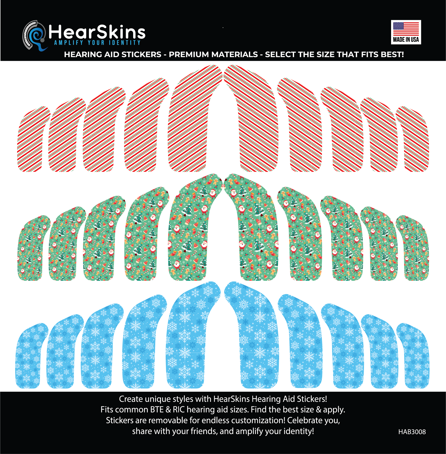 Deafmetal USA features HearSkins Hearoes brand hearing aid and cochlear implant stickers and skins to decorate hearing devices HearSkins Winter Wonderland Hearing Aid Skins/Stickers
