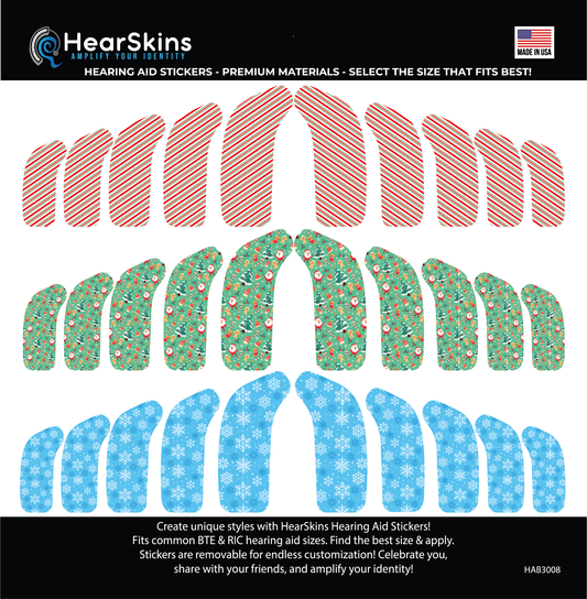 Deafmetal USA features HearSkins Hearoes brand hearing aid and cochlear implant stickers and skins to decorate hearing devices HearSkins Winter Wonderland Hearing Aid Skins/Stickers
