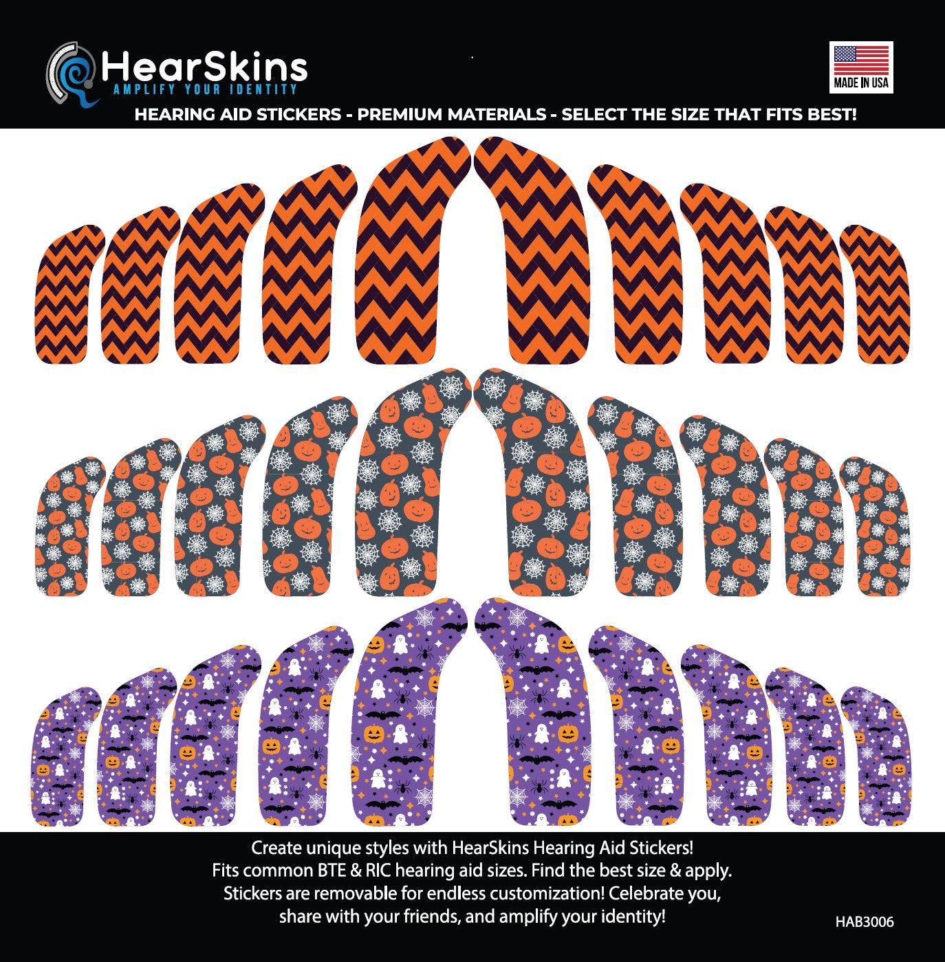 Deafmetal USA features HearSkins Hearoes brand hearing aid and cochlear implant stickers and skins to decorate hearing devices HearSkins Halloween 2023 Bundle