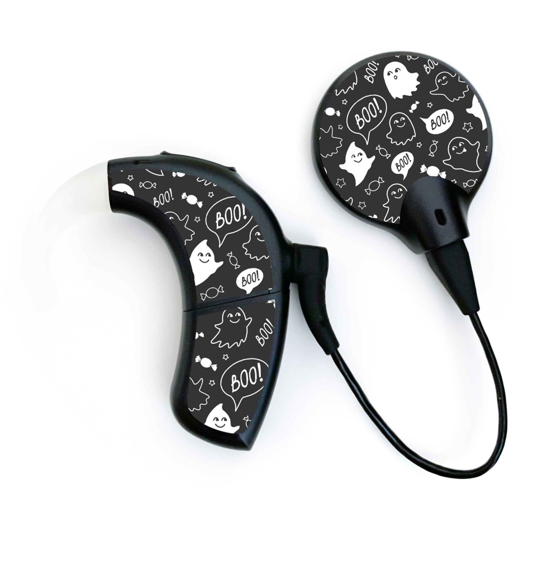 Deafmetal USA features HearSkins Hearoes brand hearing aid and cochlear implant stickers and skins to decorate hearing devices Boo Hearing Aid and CI Skins