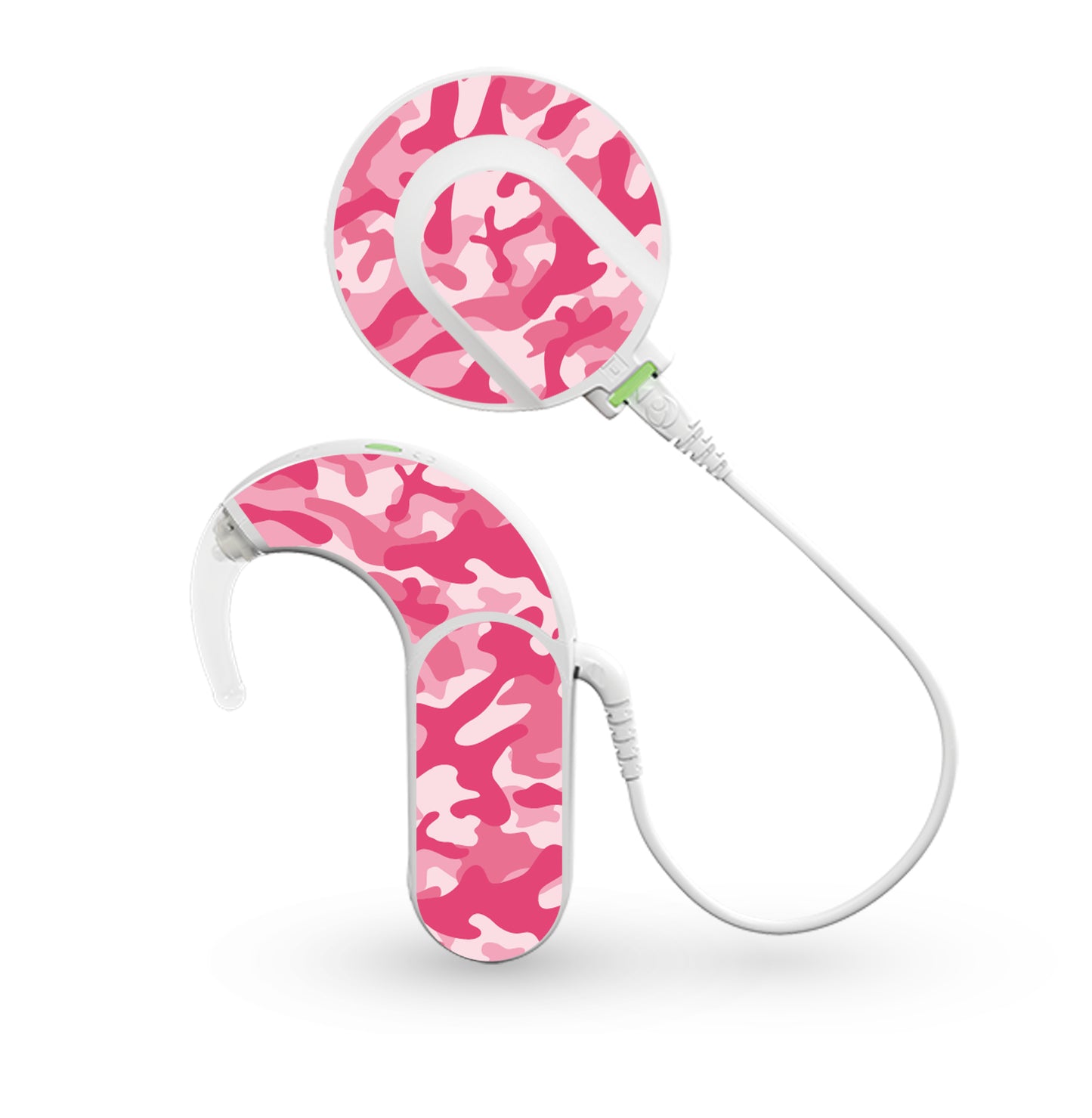 Deafmetal USA features HearSkins Hearoes brand hearing aid and cochlear implant stickers and skins to decorate hearing devices Camouflage Pink Hearing Aid and CI Skins