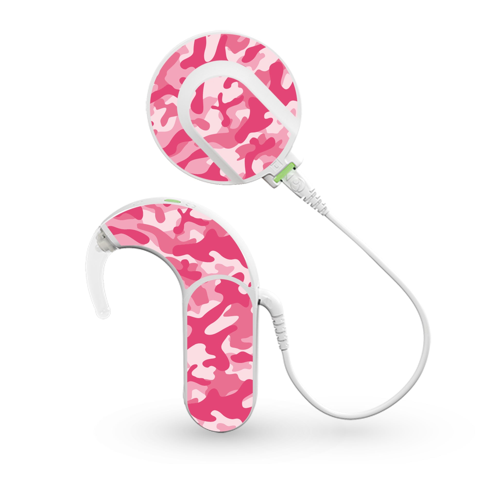 Deafmetal USA features HearSkins Hearoes brand hearing aid and cochlear implant stickers and skins to decorate hearing devices Camouflage Pink Hearing Aid and CI Skins