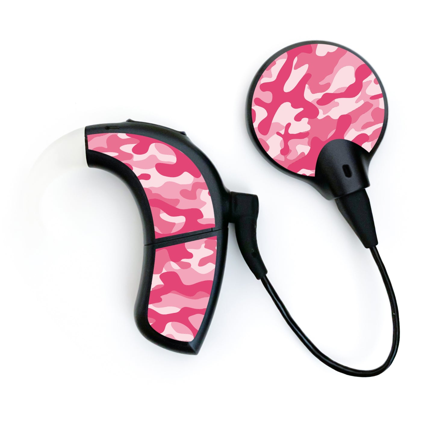Deafmetal USA features HearSkins Hearoes brand hearing aid and cochlear implant stickers and skins to decorate hearing devices Camouflage Pink Hearing Aid and CI Skins