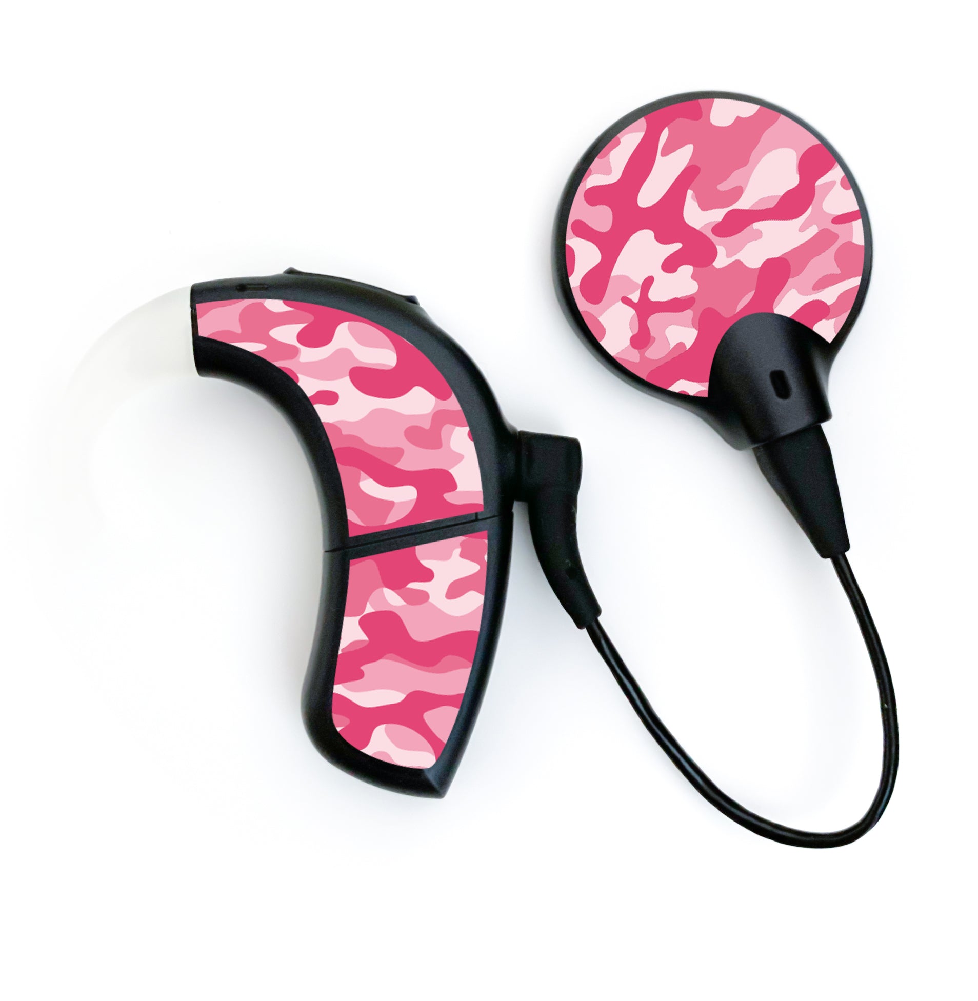 Deafmetal USA features HearSkins Hearoes brand hearing aid and cochlear implant stickers and skins to decorate hearing devices Camouflage Pink Hearing Aid and CI Skins