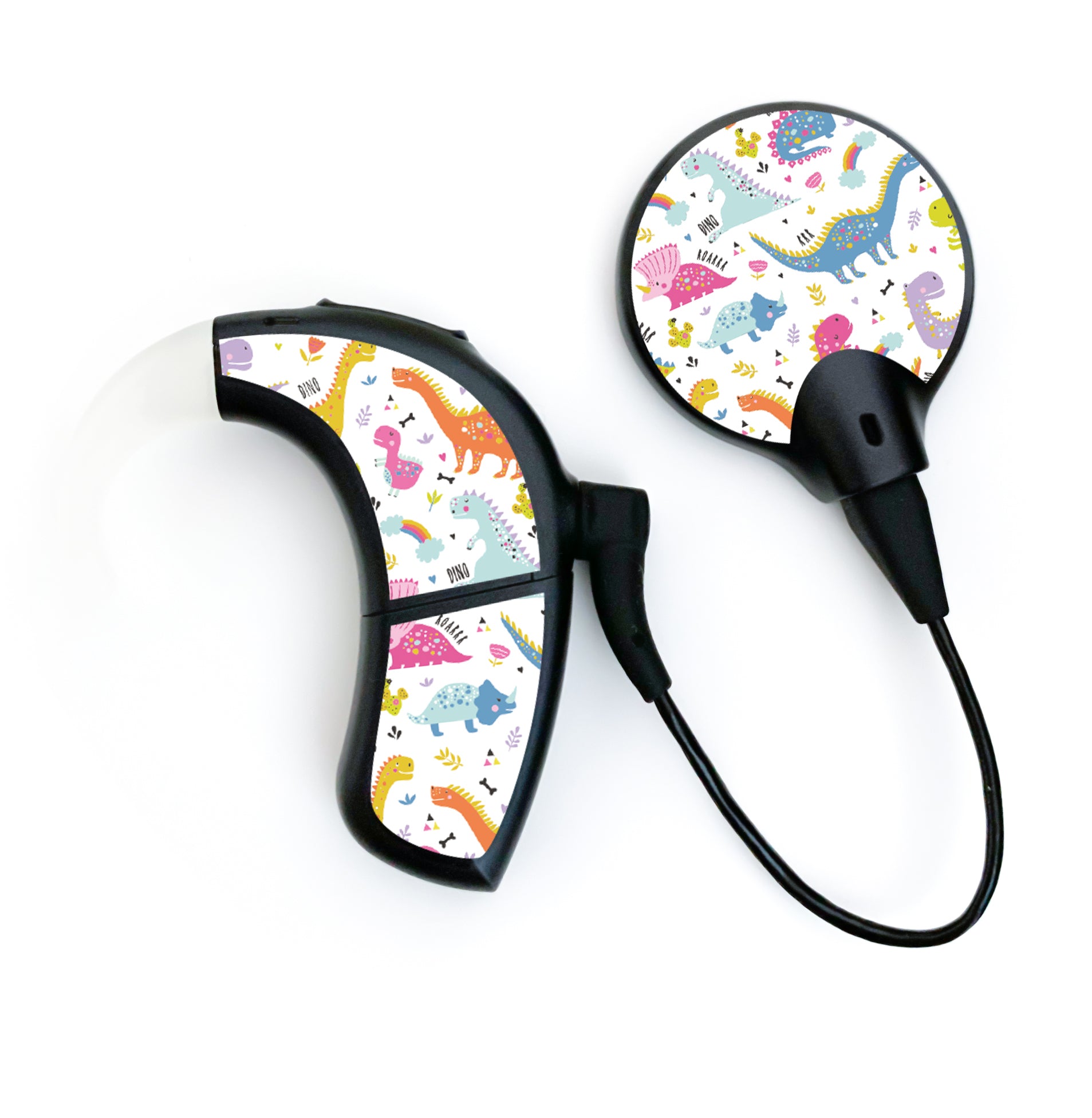 Deafmetal USA features HearSkins Hearoes brand hearing aid and cochlear implant stickers and skins to decorate hearing devices Colorful Dinos Hearing Aid and CI Skins