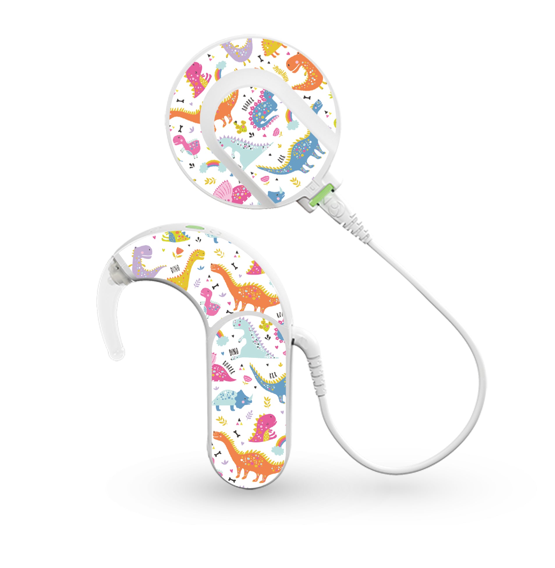Deafmetal USA features HearSkins Hearoes brand hearing aid and cochlear implant stickers and skins to decorate hearing devices Colorful Dinos Hearing Aid and CI Skins
