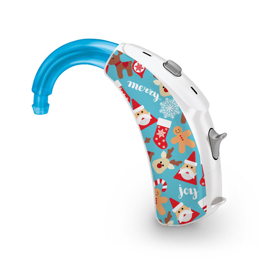 Deafmetal USA features HearSkins Hearoes brand hearing aid and cochlear implant stickers and skins to decorate hearing devices Happy Holidays Hearing Aid and CI Skins