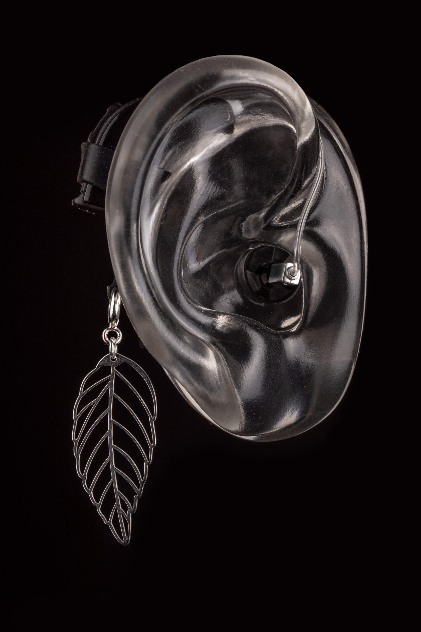 Deafmetal USA pendant charm to decorate hearing aids or cochlear implants Deaf Metal jewelry Silver Leaf