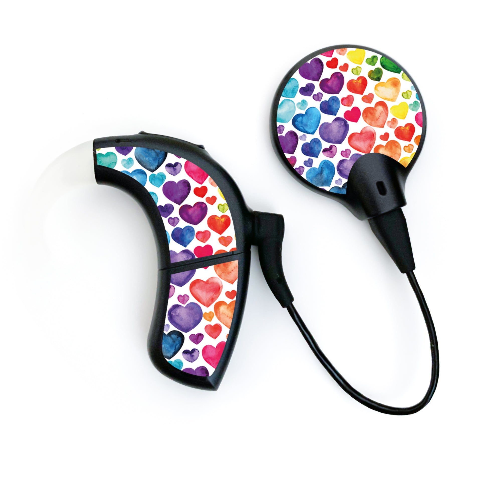 Deafmetal USA features HearSkins Hearoes brand hearing aid and cochlear implant stickers and skins to decorate hearing devices Rainbow Heart Hearing Aid and CI Skins