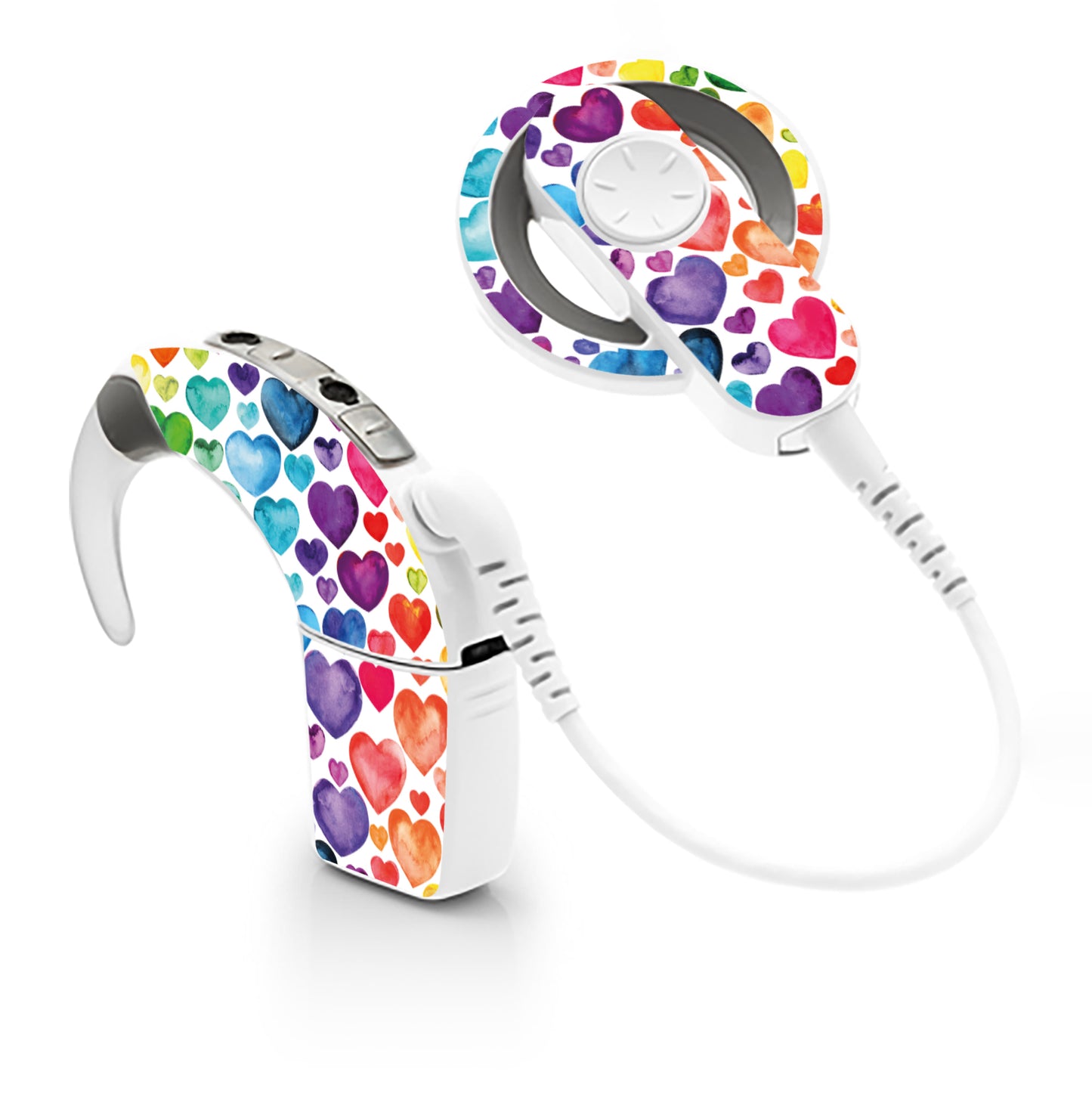 Deafmetal USA features HearSkins Hearoes brand hearing aid and cochlear implant stickers and skins to decorate hearing devices Rainbow Heart Hearing Aid and CI Skins