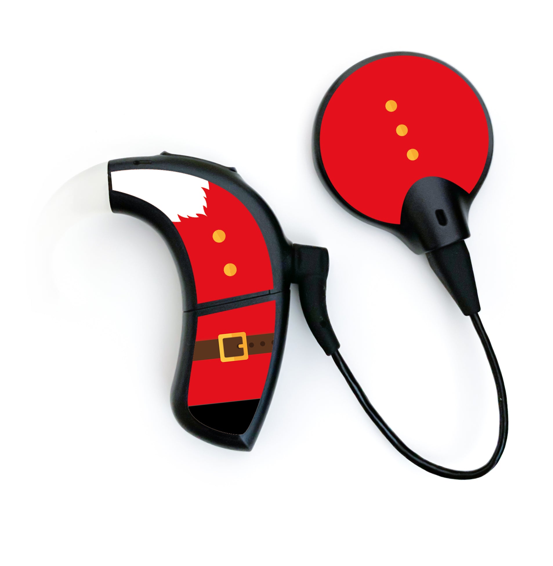 Deafmetal USA features HearSkins Hearoes brand hearing aid and cochlear implant stickers and skins to decorate hearing devices Santa Claus Hearing Aid and CI Skins