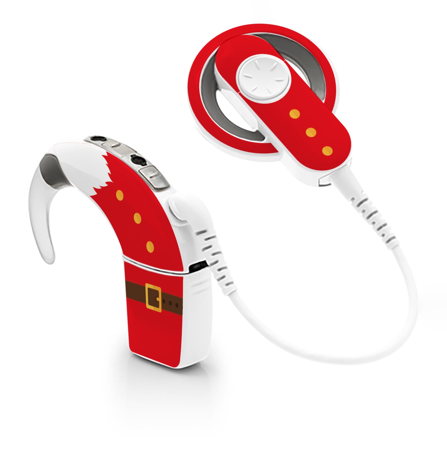 Deafmetal USA features HearSkins Hearoes brand hearing aid and cochlear implant stickers and skins to decorate hearing devices Santa Claus Hearing Aid and CI Skins