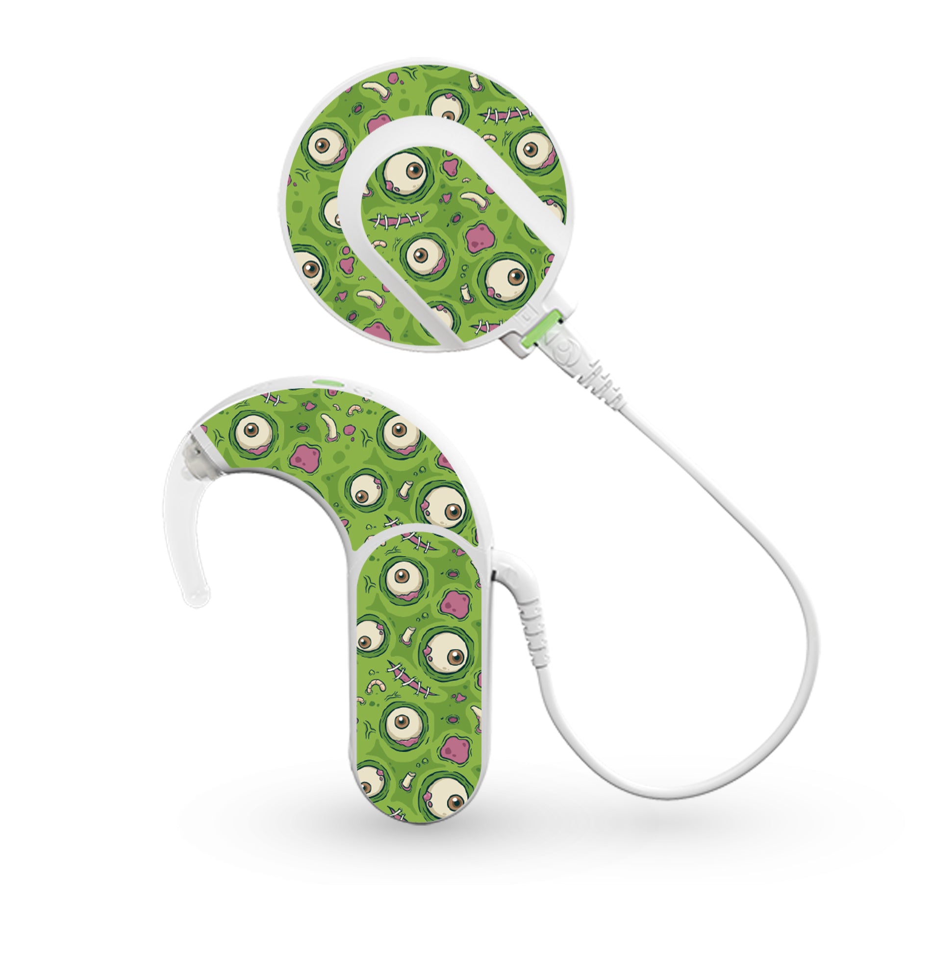 Deafmetal USA features HearSkins Hearoes brand hearing aid and cochlear implant stickers and skins to decorate hearing devices Zombie Eyeballs Hearing Aid Skins