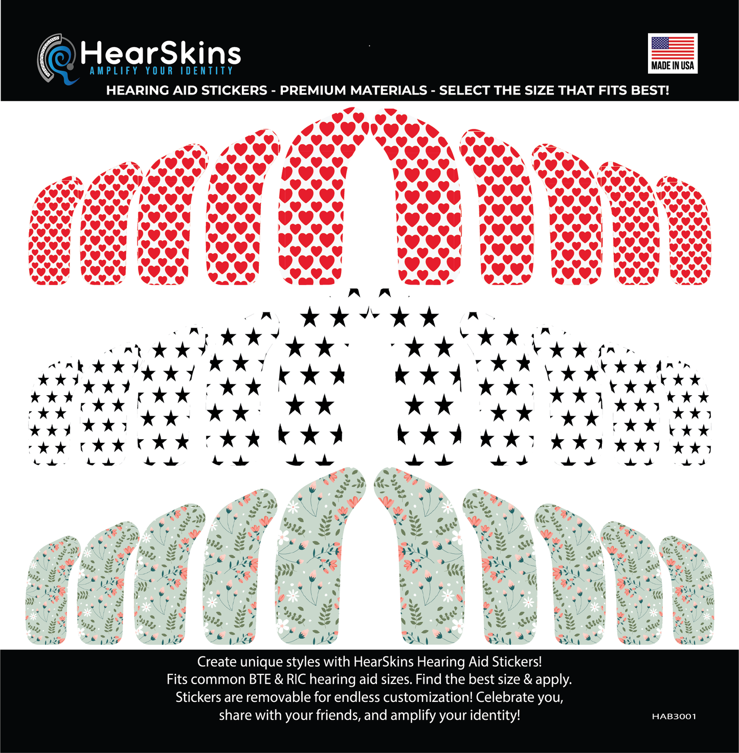 Deafmetal USA features HearSkins Hearoes brand hearing aid and cochlear implant stickers and skins to decorate hearing devices HearSkins "Hearts/Stars/Flowers" Hearing Aid Skins/Stickers