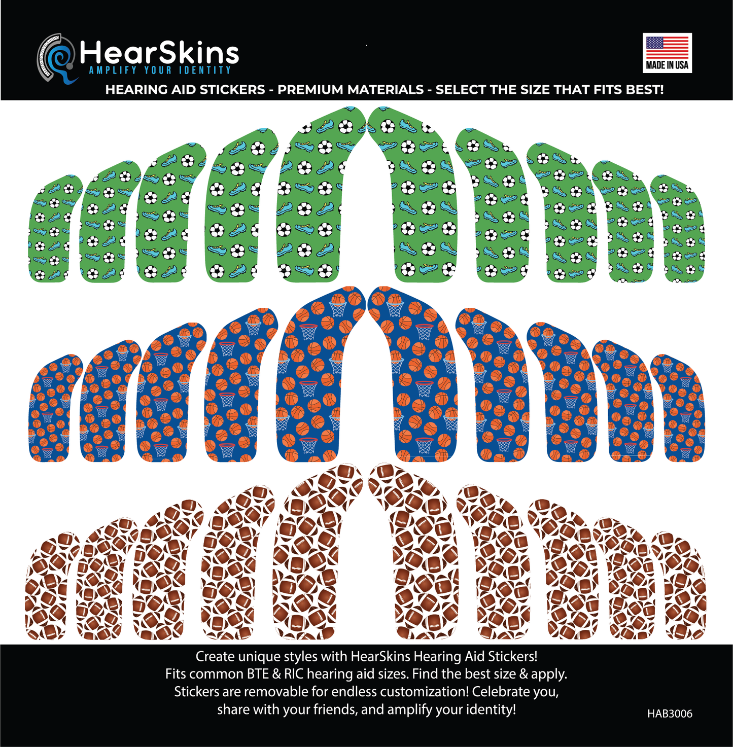 Deafmetal USA features HearSkins Hearoes brand hearing aid and cochlear implant stickers and skins to decorate hearing devices HearSkins "Play Ball" Hearing Aid Skins/Stickers