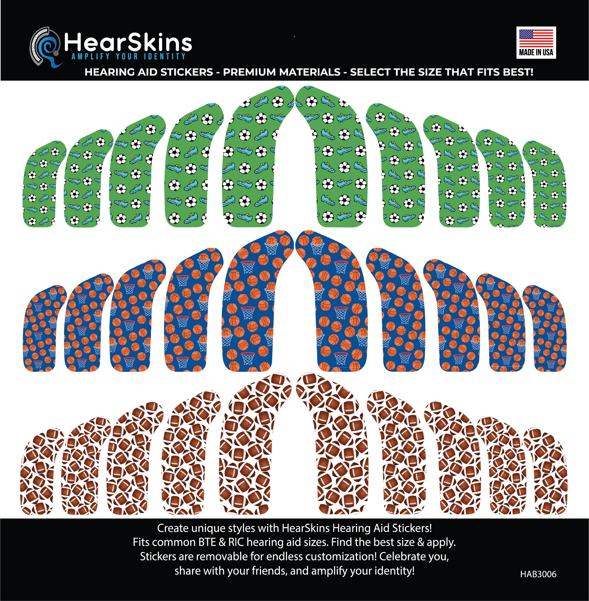 Deafmetal USA features HearSkins Hearoes brand hearing aid and cochlear implant stickers and skins to decorate hearing devices HearSkins "Play Ball" Hearing Aid Skins/Stickers