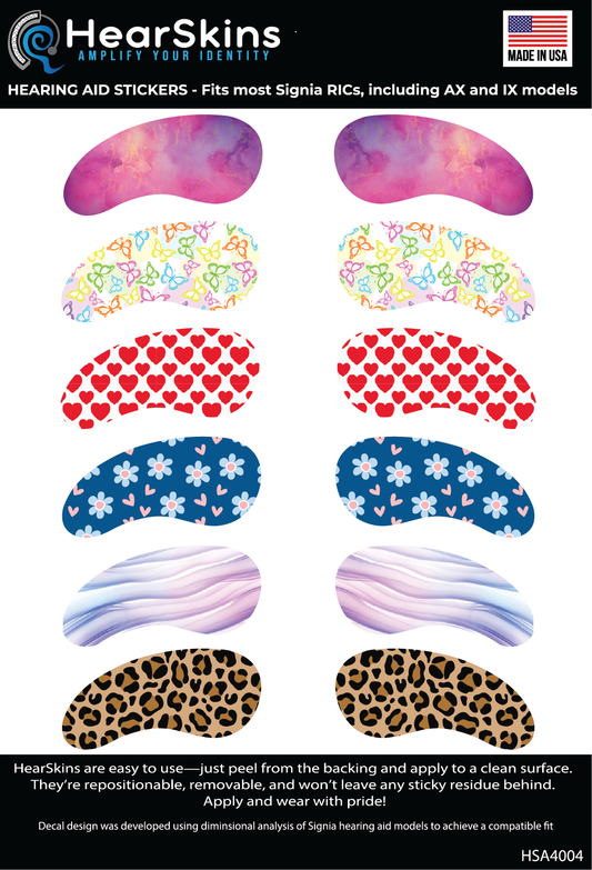 HearSkins patterns in hearts, flowers and various prints aimed at girls and woman - these designs are for a signia hearing aid