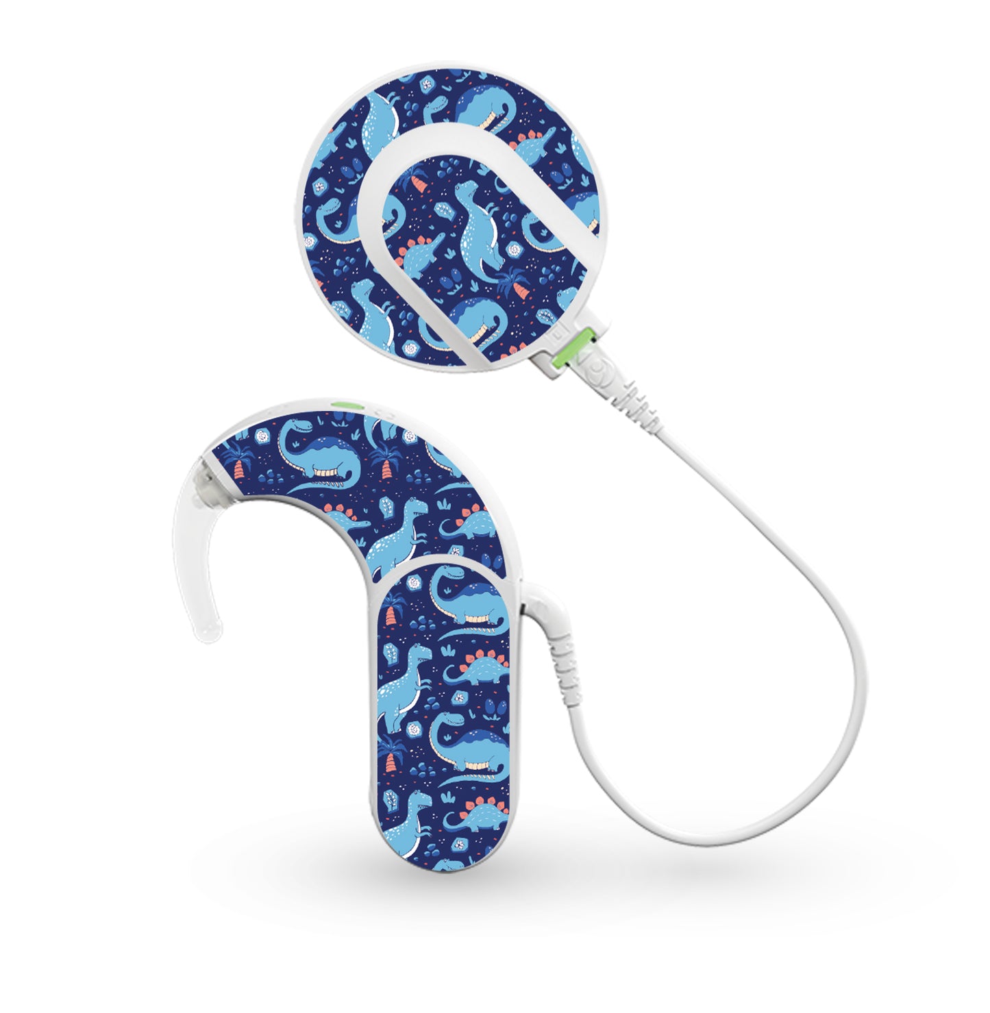 Deafmetal USA features HearSkins Hearoes brand hearing aid and cochlear implant stickers and skins to decorate hearing devices Blue Dinosaurs Hearing Aid and CI Skins