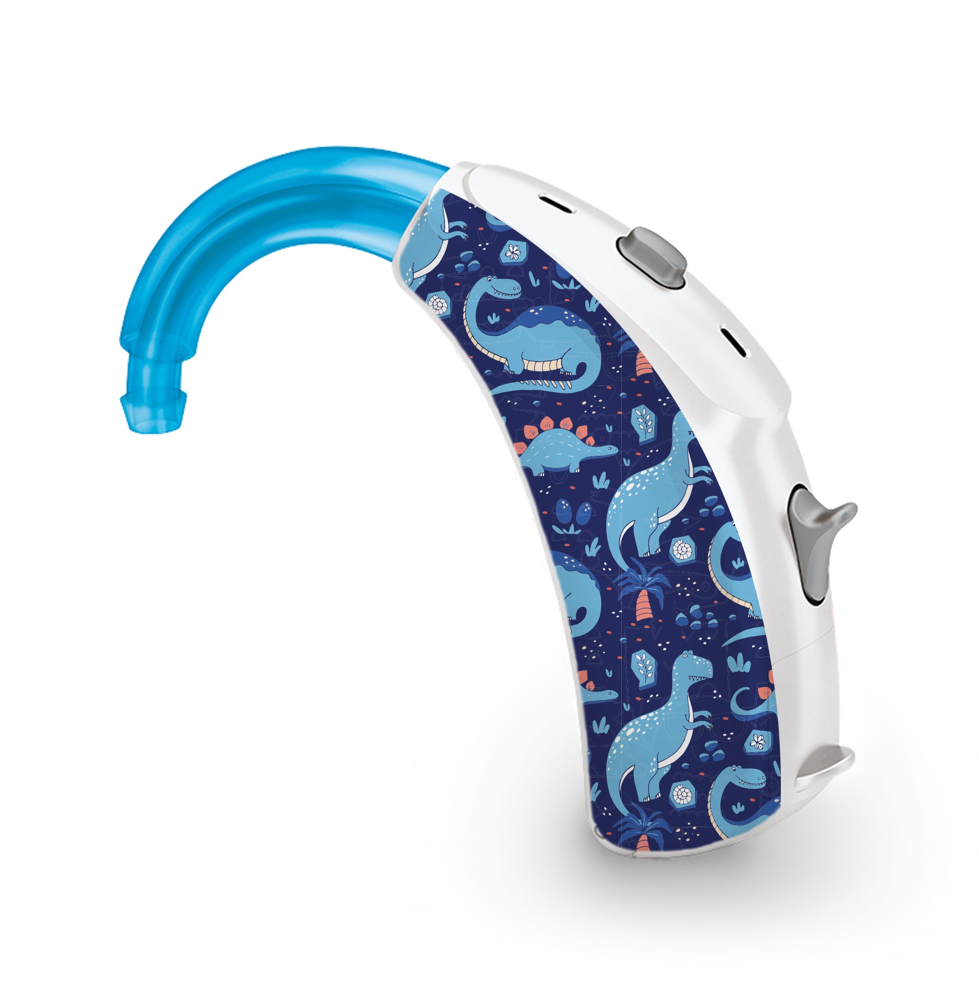 Deafmetal USA features HearSkins Hearoes brand hearing aid and cochlear implant stickers and skins to decorate hearing devices Blue Dinosaurs Hearing Aid and CI Skins