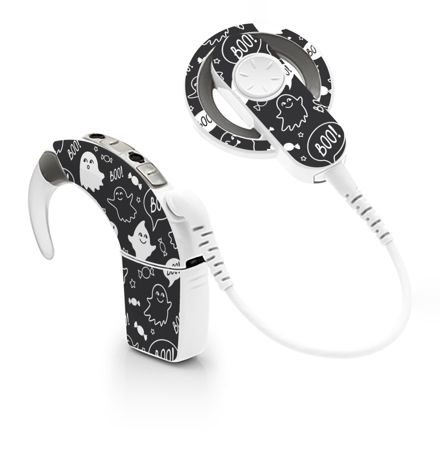 Deafmetal USA features HearSkins Hearoes brand hearing aid and cochlear implant stickers and skins to decorate hearing devices Boo Hearing Aid and CI Skins