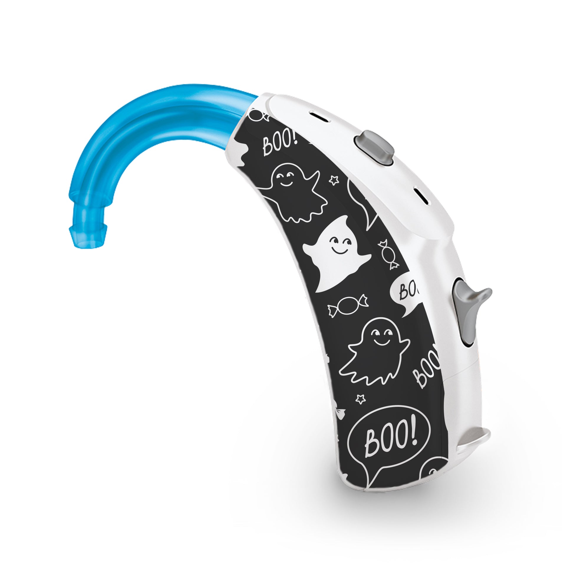 Deafmetal USA features HearSkins Hearoes brand hearing aid and cochlear implant stickers and skins to decorate hearing devices Boo Hearing Aid and CI Skins