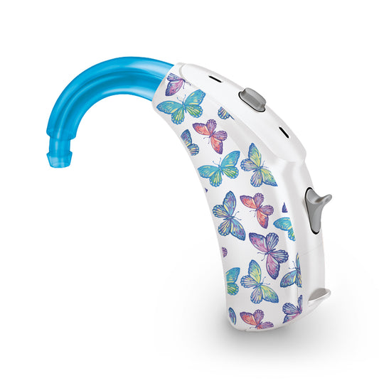 Deafmetal USA features HearSkins Hearoes brand hearing aid and cochlear implant stickers and skins to decorate hearing devices Butterflies Hearing Aid and CI Skins