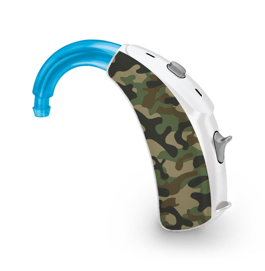 Deafmetal USA features HearSkins Hearoes brand hearing aid and cochlear implant stickers and skins to decorate hearing devices Camouflage Hearing Aid and CI Skins