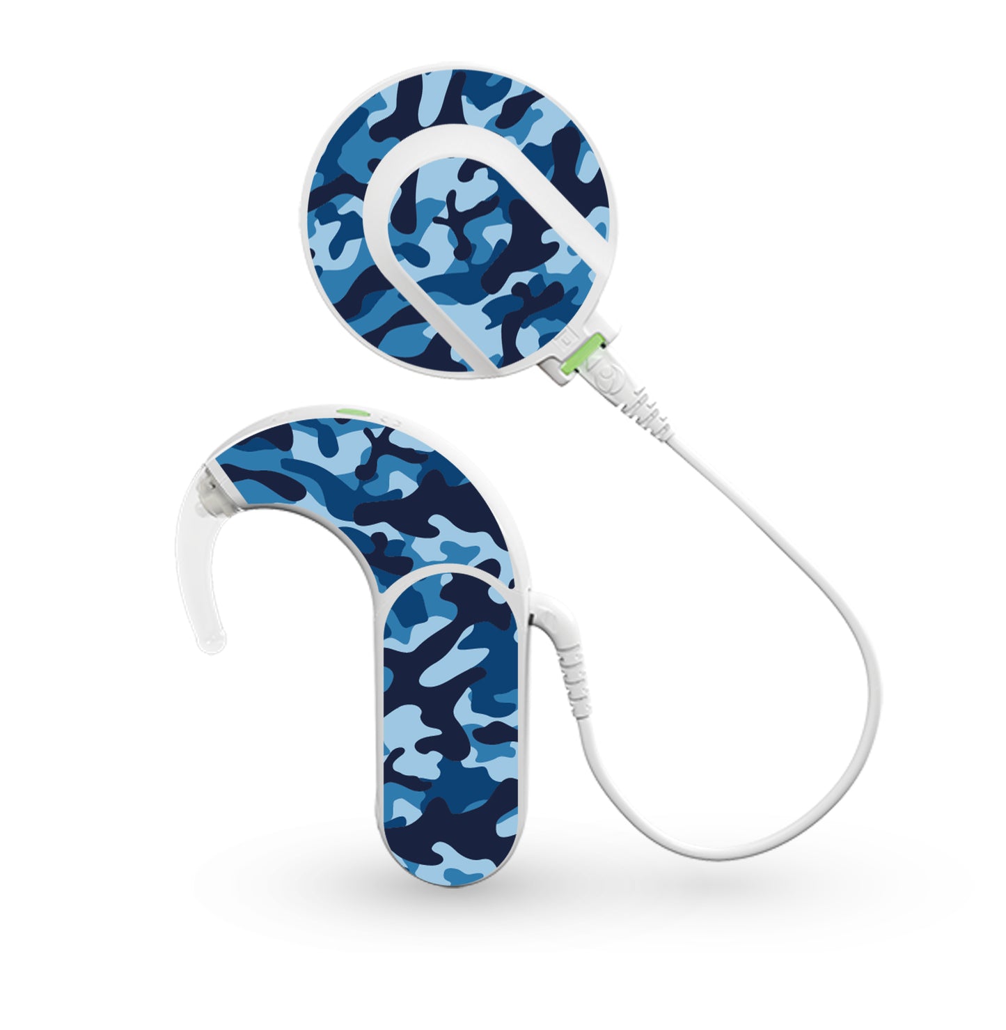 Deafmetal USA features HearSkins Hearoes brand hearing aid and cochlear implant stickers and skins to decorate hearing devices Camouflage Blue Hearing Aid and CI Skins