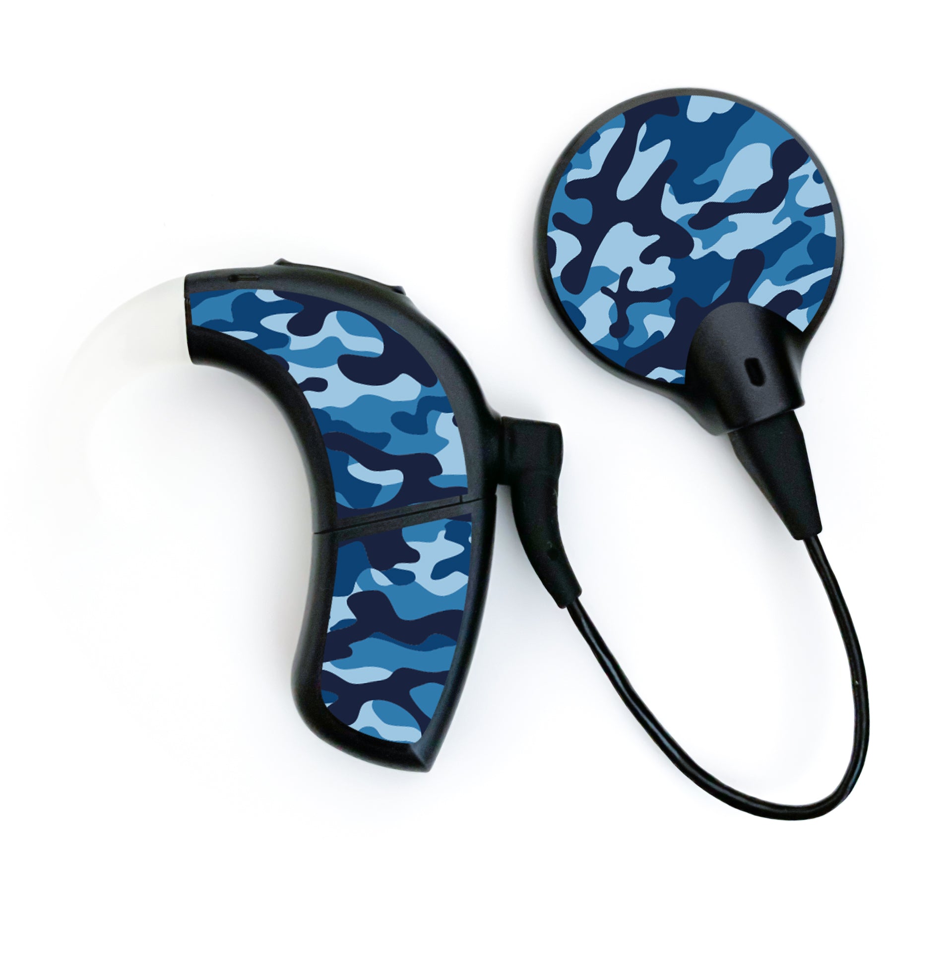 Deafmetal USA features HearSkins Hearoes brand hearing aid and cochlear implant stickers and skins to decorate hearing devices Camouflage Blue Hearing Aid and CI Skins