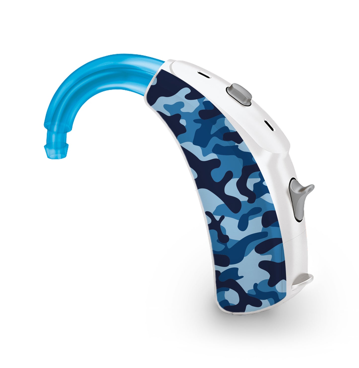 Deafmetal USA features HearSkins Hearoes brand hearing aid and cochlear implant stickers and skins to decorate hearing devices Camouflage Blue Hearing Aid and CI Skins