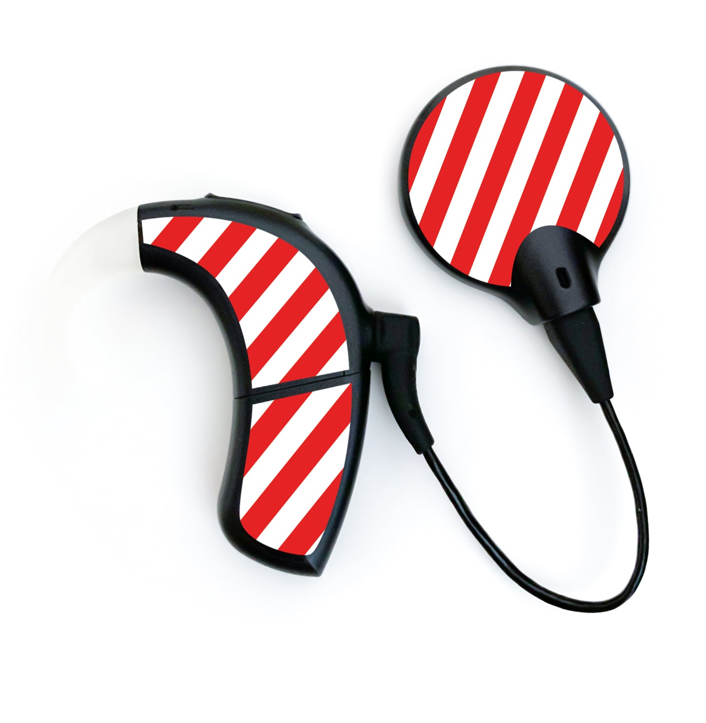 Deafmetal USA features HearSkins Hearoes brand hearing aid and cochlear implant stickers and skins to decorate hearing devices Candy Cane Hearing Aid and CI Skins