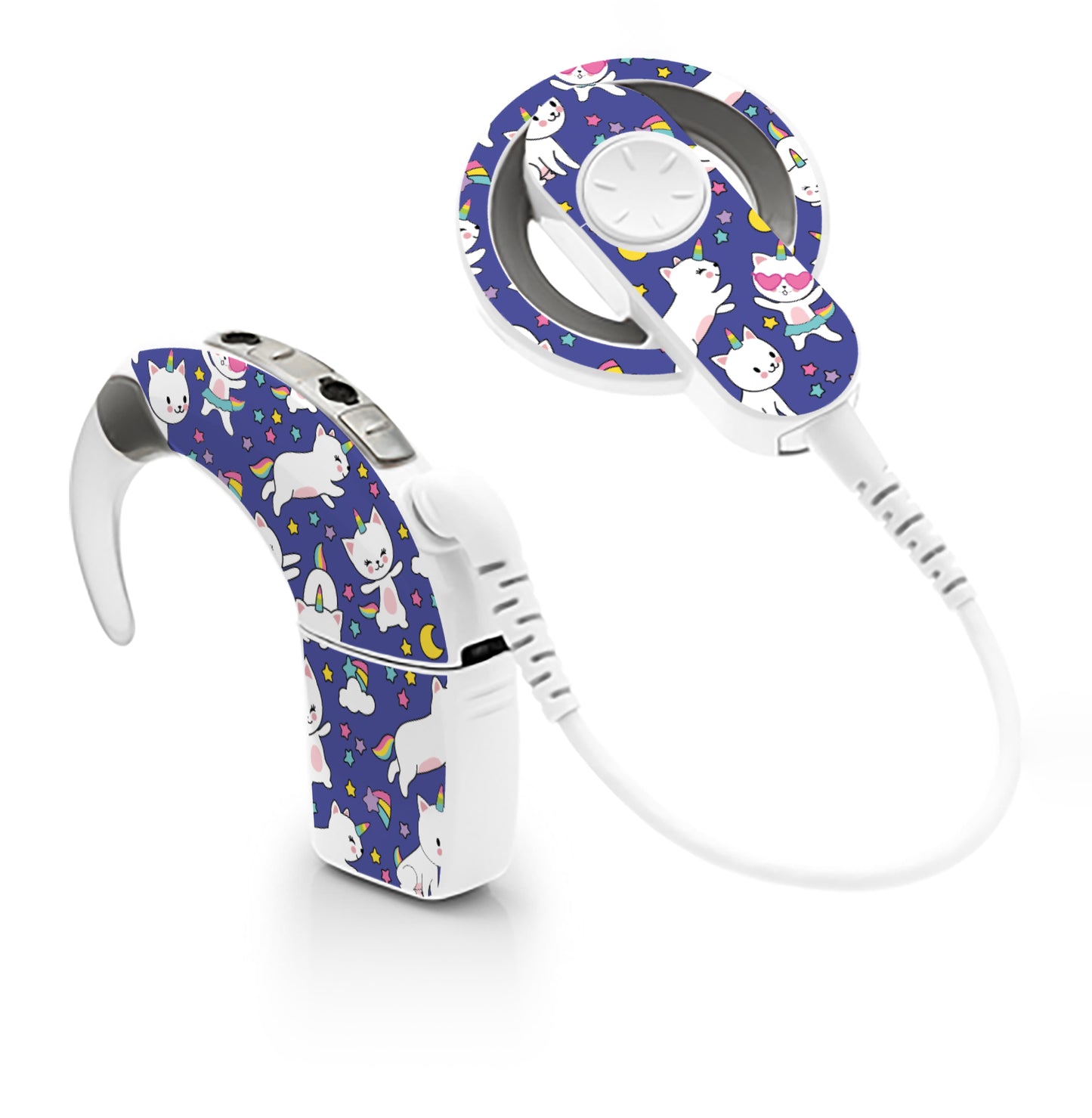 Deafmetal USA features HearSkins Hearoes brand hearing aid and cochlear implant stickers and skins to decorate hearing devices Caticorns Hearing Aid and CI Skins