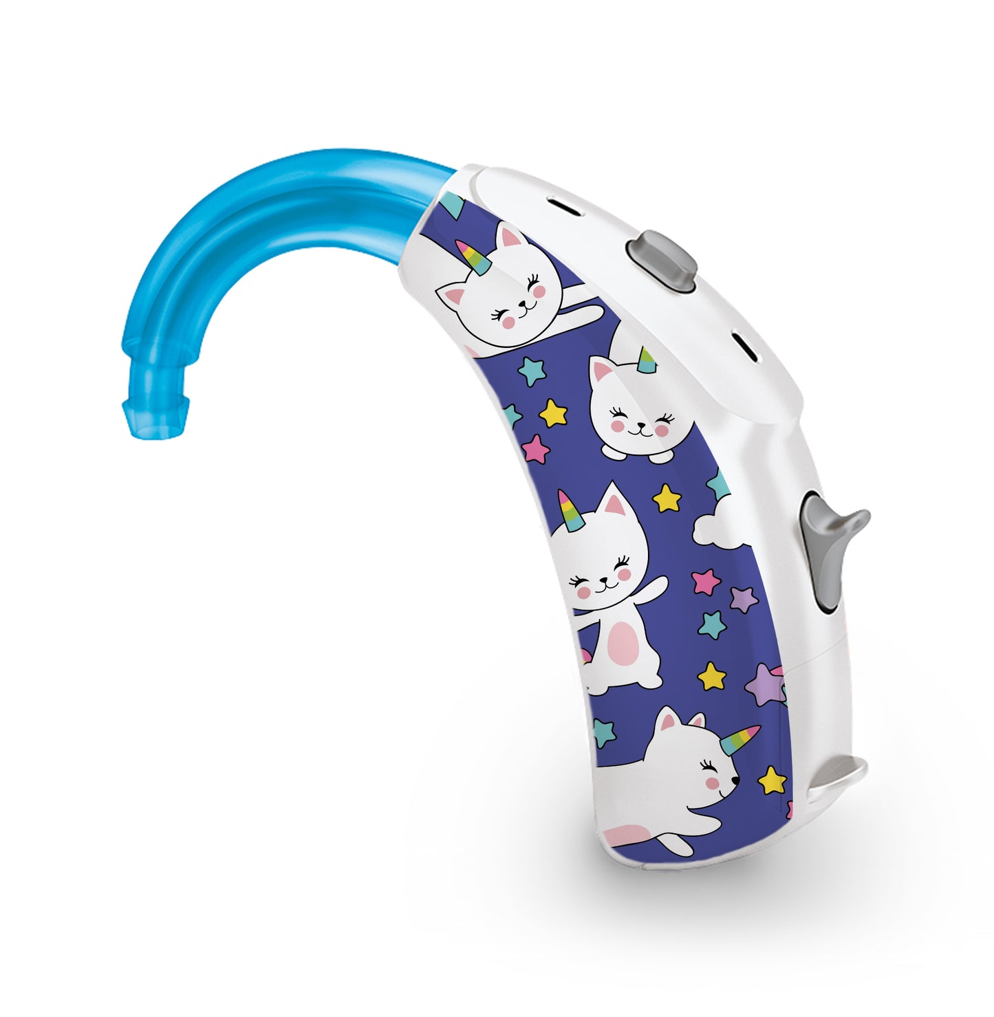 Deafmetal USA features HearSkins Hearoes brand hearing aid and cochlear implant stickers and skins to decorate hearing devices Caticorns Hearing Aid and CI Skins