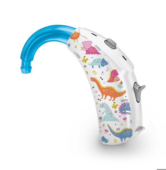 Deafmetal USA features HearSkins Hearoes brand hearing aid and cochlear implant stickers and skins to decorate hearing devices Colorful Dinos Hearing Aid and CI Skins