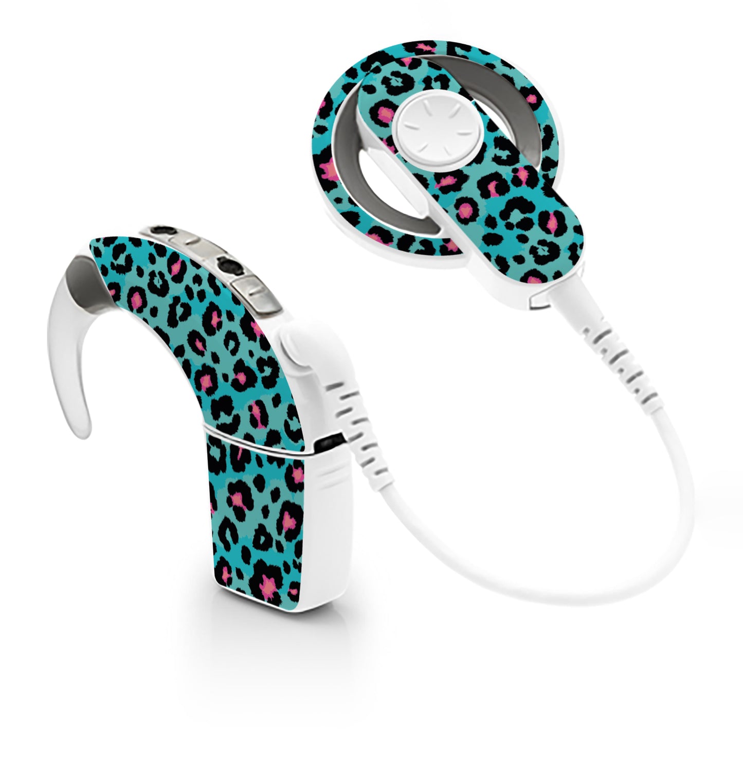 Deafmetal USA features HearSkins Hearoes brand hearing aid and cochlear implant stickers and skins to decorate hearing devices Funky Leopard Print Hearing Aid and CI Skins