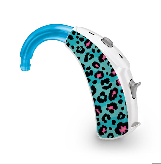 Deafmetal USA features HearSkins Hearoes brand hearing aid and cochlear implant stickers and skins to decorate hearing devices Funky Leopard Print Hearing Aid and CI Skins