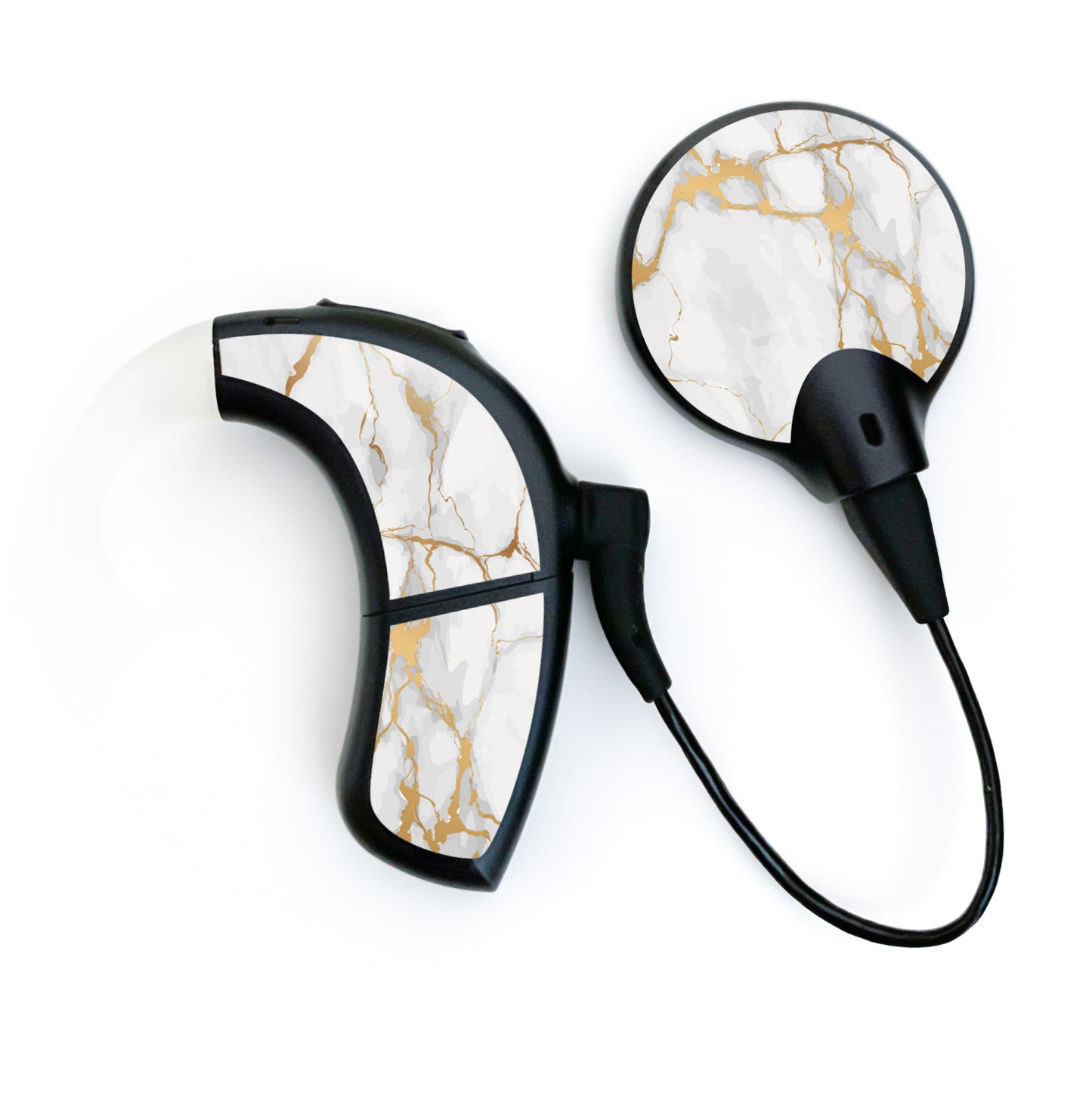 Deafmetal USA features HearSkins Hearoes brand hearing aid and cochlear implant stickers and skins to decorate hearing devices Gold Marble Hearing Aid and CI Sklns