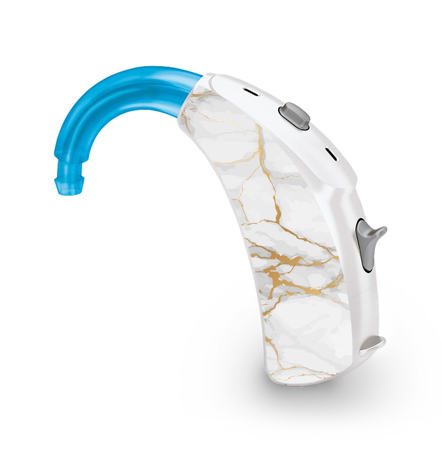 Deafmetal USA features HearSkins Hearoes brand hearing aid and cochlear implant stickers and skins to decorate hearing devices Gold Marble Hearing Aid and CI Sklns