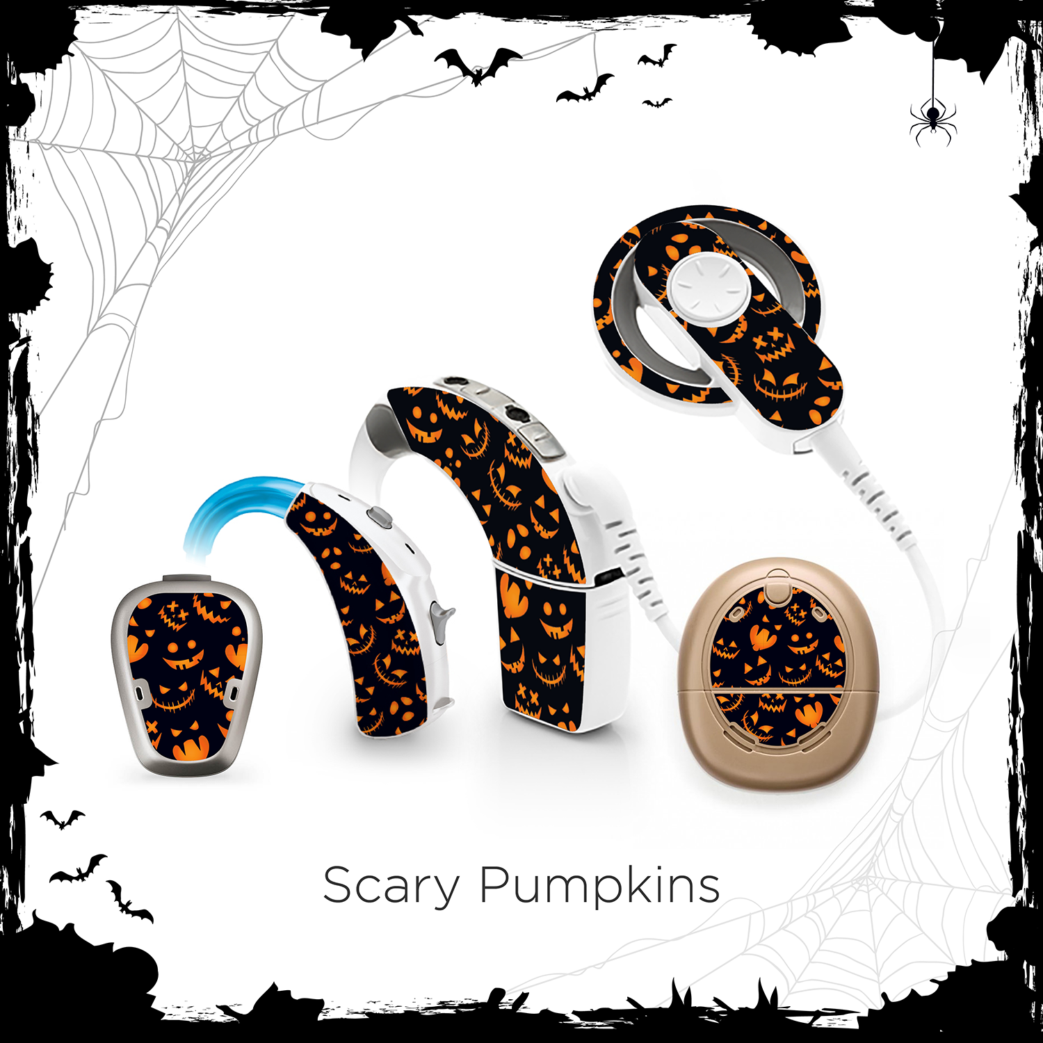 Deafmetal USA features HearSkins Hearoes brand hearing aid and cochlear implant stickers and skins to decorate hearing devices Scary Pumpkins Hearing Aid and CI Skins