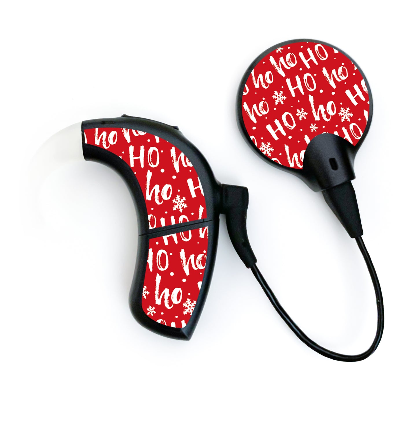 Deafmetal USA features HearSkins Hearoes brand hearing aid and cochlear implant stickers and skins to decorate hearing devices Ho Ho Ho Hearing Aid and CI Skins