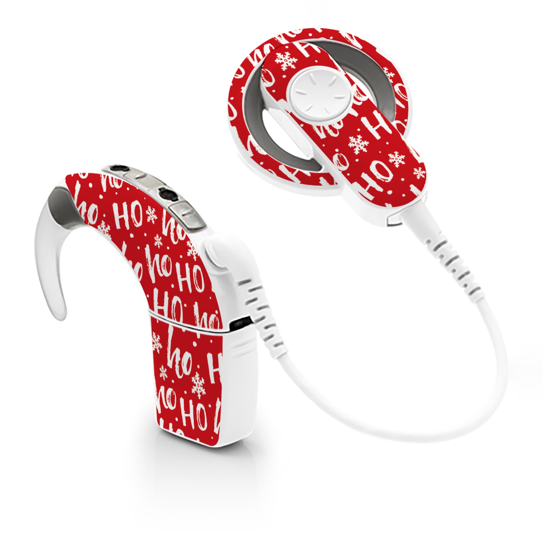 Deafmetal USA features HearSkins Hearoes brand hearing aid and cochlear implant stickers and skins to decorate hearing devices Ho Ho Ho Hearing Aid and CI Skins